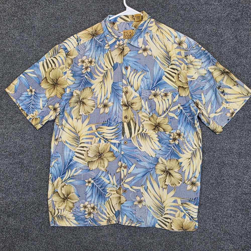 Jos. A Bank Silk Button Down Shirt Mens M Blue Tropical Floral Camp Short Sleeve